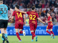 Eldor Shomurodov of AS Roma celebrates scoring first goal during the Serie A match between AS Roma and Venezia Fc on May 14, 2022 in Rome, I...