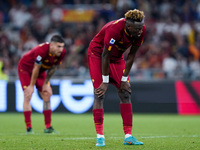 Tammy Abraham of AS Roma looks dejected with Lorenzo Pellegrini of AS Roma during the Serie A match between AS Roma and Venezia Fc on May 14...