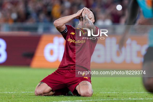 Lorenzo Pellegrini of AS Roma looks dejected during the Serie A match between AS Roma and Venezia Fc on May 14, 2022 in Rome, Italy.  