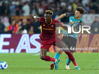 Tammy Abraham of AS Roma and Ethan Ampadu of Venezia FC competes for the ball during the Serie A match between AS Roma and Venezia Fc on May...