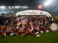 Olympiacos celebrated the 3rd series and a total of 47th championship in its rich history, in Athes, Greece, on 14 May, 2022 (