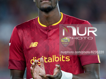 Tammy Abraham of AS Roma gestures during the Serie A match between AS Roma and Venezia Fc on May 14, 2022 in Rome, Italy.  (