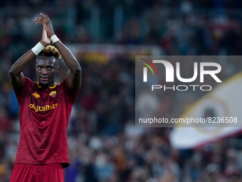 Tammy Abraham of AS Roma greets his supporters during the Serie A match between AS Roma and Venezia Fc on May 14, 2022 in Rome, Italy.  (