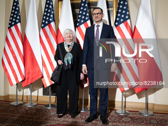 U.S. Treasury Secretary Janet Yellen meets Polish Prime Minister Mateusz Morawiecki at the Chancellery in Warsaw, Poland on May 16, 2022 (