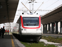 Arrival of the first ETR470 (White Arrow) superfast train in Thessaloniki Railway Train Station, Greece on May 15, 2022.  (