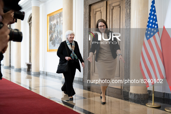 U.S. Treasury Secretary Janet Yellen meets Polish Finance Minister Magdalena Rzeczkowska at the Ministry in Warsaw, Poland on May 16, 2022 