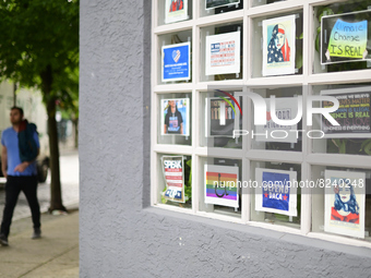 Posters hang in the window of the field office of State Rep. Chris Rabb in the Mt Airy Neighborhood in the Northwest section of Philadelphia...