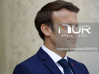 French President Emmanuel Macron waits for the arrival of   European Council President Charles Michel for a working lunch at the presidentia...