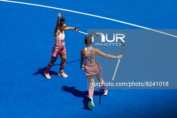 Agustina Albertarrio (R) of Argentina celebrates after scoring her side's first goal with her teammate Rocio Sanchez during the FIH Hockey P...