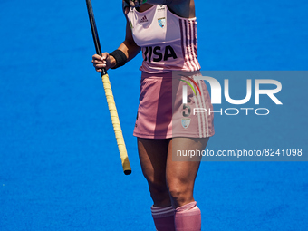 Agostina Alonso of Argentina reacts during the FIH Hockey Pro League Women game between Spain and Argentina at Estadio Betero, May 15, 2022,...