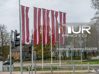Flags of Latvia on the wind are seen in Jurmala , Latvia on 5 May 2022 Jurmala is a resort town about 25 km west of Riga, sandwiched between...