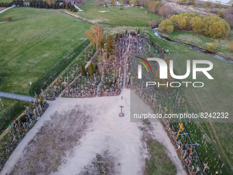Aerial view of the Hill Of Crosses is seen near Siauliai, northern Lithuania on 6 May 2022 Hill of Crosses is a major site of Catholic pilgr...