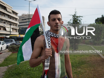 People gathered outside Embassy of Israel in Athens, Greece on May 16, 2022 to demonstrate in support of Palestinians and commemorated to Pa...