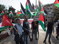People gathered outside Embassy of Israel in Athens, Greece on May 16, 2022 to demonstrate in support of Palestinians and commemorated to Pa...