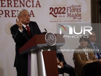 Mexican President Andrés Manuel López Obrador talks during his daily morning news conference about salary increase for teachers  at  Nationa...