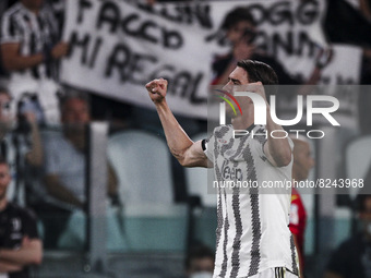 Juventus forward Dusan Vlahovic (7) celebrates after scoring his goal to make it 1-0 during the Serie A football match n.37 JUVENTUS - LAZIO...