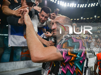 Giorgio Chiellini of Juventus FC salutes the supporters during his farewell match during the Serie A Football match between Juventus FC and...