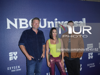 NEW YORK, NEW YORK - MAY 16:  (L-R) Blake Shelton, Nikki Bella and Carson Daly attend the 2022 NBCUniversal Upfront at Mandarin Oriental Hot...