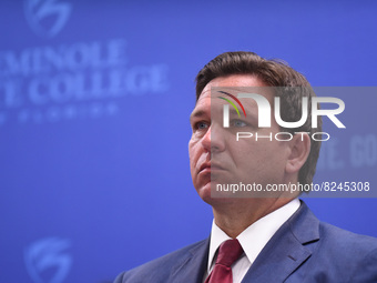 May 16, 2022 - Florida Gov. Ron DeSantis listens at a press conference at Seminole State College to announce his approval of over $125 milli...