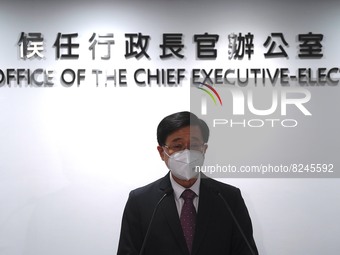 Hong Kong Chief Executive Elect, John Lee Ka-chiu speaks during a press conference on Government Restructuring at the Office of the Chief Ex...