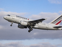 Air France Airbus A318 aircraft as seen during take off and flying phase from Amsterdam Schiphol Airport. The narrow body A318 is departing...