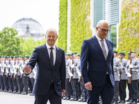 German Chancellor Olaf Scholz (L) receives Prime Minister of Liechtenstein Daniel Risch (R) at the Chancellery in Berlin, Germany on May 17,...
