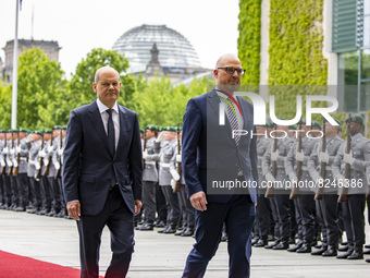German Chancellor Olaf Scholz (L) receives Prime Minister of Liechtenstein Daniel Risch (R) at the Chancellery in Berlin, Germany on May 17,...