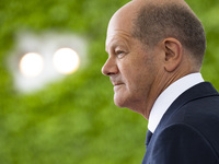 German Chancellor Olaf Scholz arrives to receive Prime Minister of Liechtenstein Daniel Risch (not in the picture) at the Chancellery in Ber...