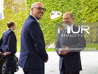 German Chancellor Olaf Scholz (R) receives Prime Minister of Liechtenstein Daniel Risch (L) at the Chancellery in Berlin, Germany on May 17,...