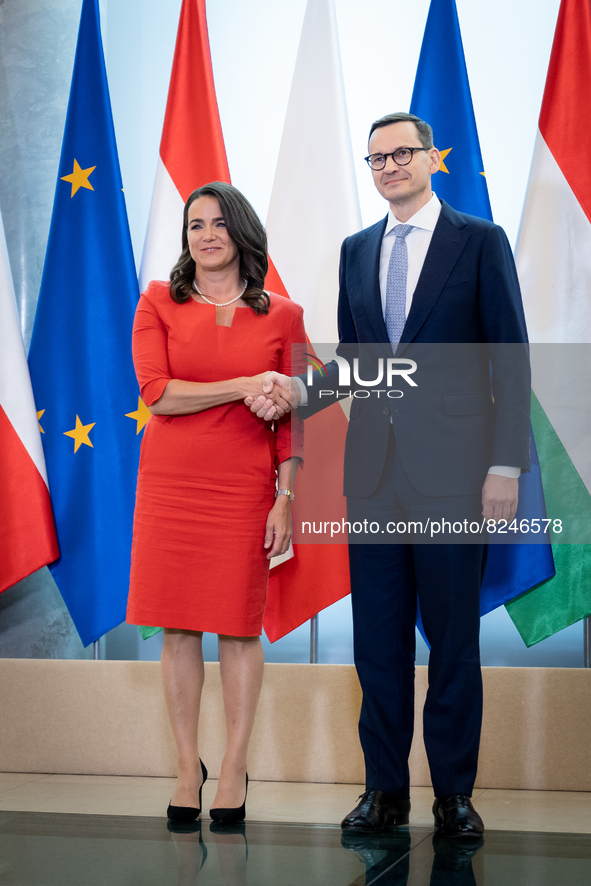 Hungarian President Katalin Novak meets Polish Prime Minister Mateusz Morawiecki at the Chancellery in Warsaw, Poland on May 17, 2022 
