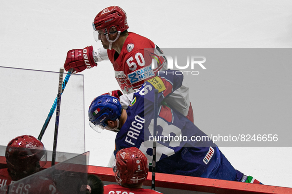 BAU Mathias (Denmark)
FRIGO Luca (Italy)  during the Ice Hockey World Championship - Italy vs Denmark on May 17, 2022 at the Ice Hall in He...