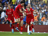 Liverpool's Kostas Tsimikas celebrates the winning goalduring FA Cup Final between Chelsea and Liverpool at Wembley Stadium , London, UK 14t...