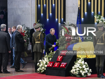 Former Ukrainian President Leonid Kuchma attends the funeral ceremony of Ukrainian first president Leonid Kravchuk in Kyiv, Ukraine, May 17,...