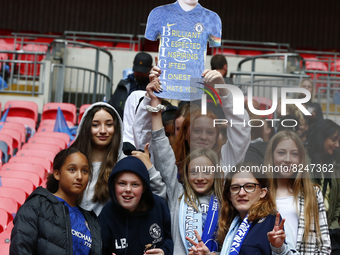 Fans of Chelsea hold up a cardbord cut out of Chelsea Women Millie Bright  before Women's FA Cup Final between Chelsea Women and Manchester...