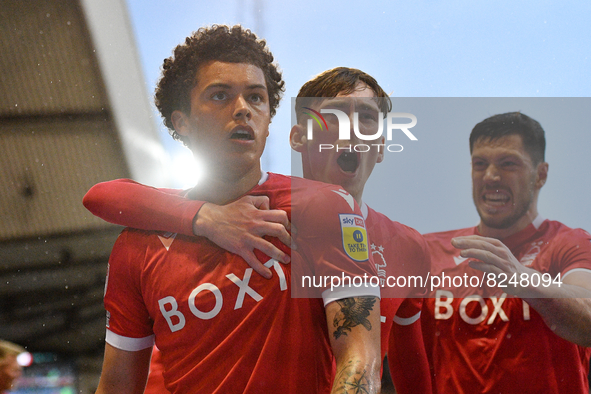 
Brennan Johnson of Nottingham Forest celebrates with teamates after scoring a goal to make it 1-0 during the Sky Bet Championship Play-Off...