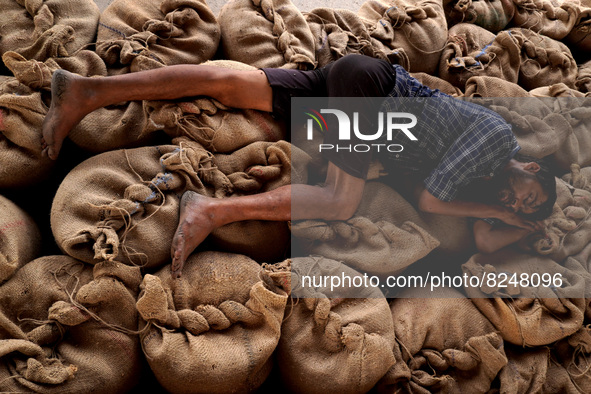 A labourer sleeps over stacked sacks of wheat at a wholesale grain market near Sonipat, on the outskirts of New Delhi, India on May 17, 2022...