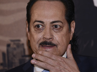 Hernán Hernández integrant of Tigres del Norte band speaks during ‘La Reunion’ album launch press conference at Presidente Intercontinental...