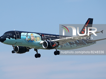 Airbus A320-214, from Brussels Airlines (Tintin comics Livery), landing at the Barcelona airport, in Barcelona on 1st May 2022. 
 -- (