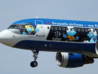 Airbus A320-214, from Brussels Airlines (The Smurfs Livery) company, landing at the Barcelona airport, in Barcelona on 18th May 2022. 
 -- (