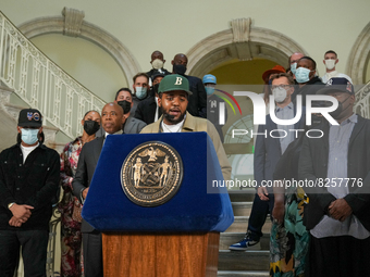 Christopher George Latore Wallace Jr., speaks as NYC mayor Eric Adams honors the Christopher “Notorious B.I.G.” Wallace for his 50th birthda...