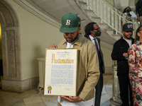 Christopher George Latore Wallace Jr., is presented with a proclamation as NYC mayor Eric Adams honors the Christopher “Notorious B.I.G.” Wa...