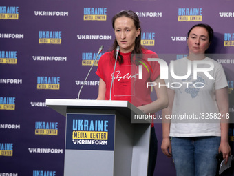 KYIV, UKRAINE - MAY 14, 2022 - The wife of a border guard speaks to the press during a briefing given by the relatives of Mariupol defenders...