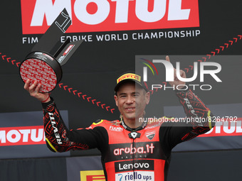 Spanish Alvaro Bautista of Aruba.It Racing - Ducati celebrates with the trophy after winning the Race 1 of the FIM Superbike World Champions...