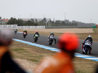 Riders compete during the Race 1 of the FIM Superbike World Championship Estoril Round at the Circuito Estoril in Cascais, Portugal on May 2...