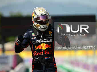 Max Verstappen of Red Bull Racing Honda   celebrating during podium ceremony during Spanish Grand Prix in Circuit de Catalunya in Montmelo,...