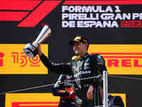 George Russel of Mercedes-AMG Petronas   celebrating during podium ceremony during Spanish Grand Prix in Circuit de Catalunya in Montmelo, B...