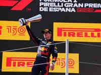 Max Verstappen of Red Bull Racing Honda   celebrating during podium ceremony during Spanish Grand Prix in Circuit de Catalunya in Montmelo,...