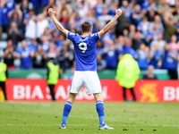
Jamie Vardy of Leicester City celebrates infant of the Southampton supporters after scoring a goal to make it 2-0 during the Premier League...