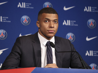 Kylian Mbappe of PSG during a press conference following the renewal of his contract at Paris Saint-Germain until 2025, on May 23, 2022 at P...