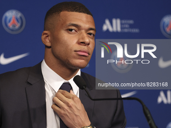 Kylian Mbappe of PSG during a press conference following the renewal of his contract at Paris Saint-Germain until 2025, on May 23, 2022 at P...